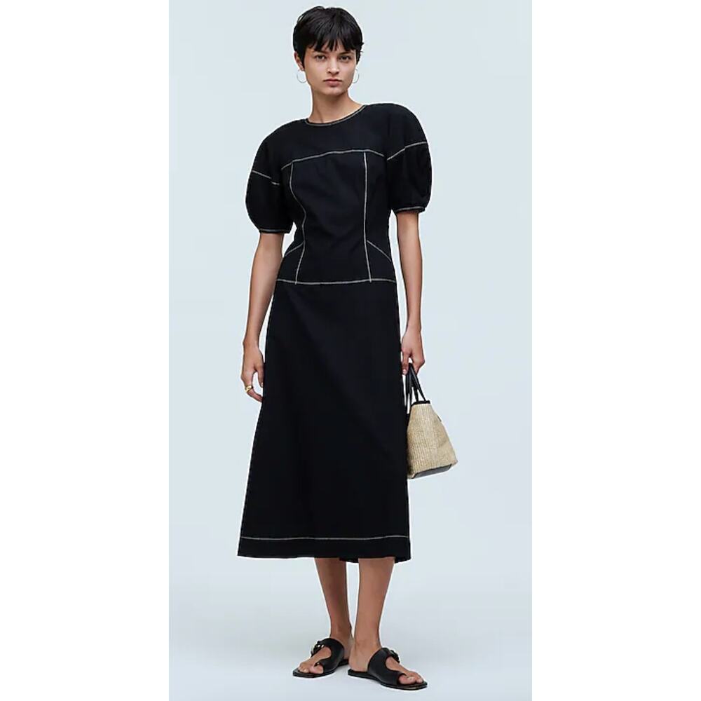 Madewell | NWT | Puff-Sleeve Drop-Waist Midi Dress in True Black | Sz 2